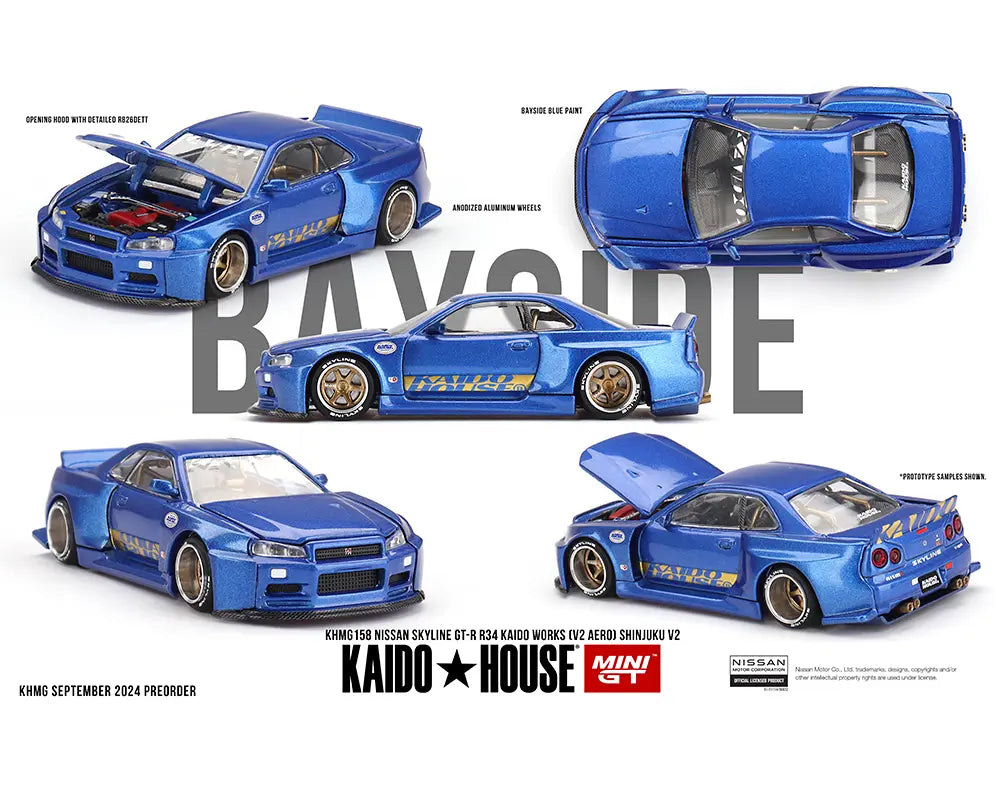 ****Preorder**** Kaido House x Mini GT 1:64 Nissan Skyline GT-R (R34) Kaido Works (V2 Aero) SHINJUKU V2- Blue