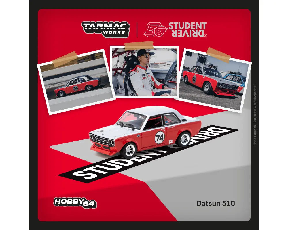 *** Preorder *** Tarmac Works 1:64 Student Driver Datsun 510 Trans-Am B-Sedan 2.5 Challenge 2023 Daniel Wu – Red – Hobby64