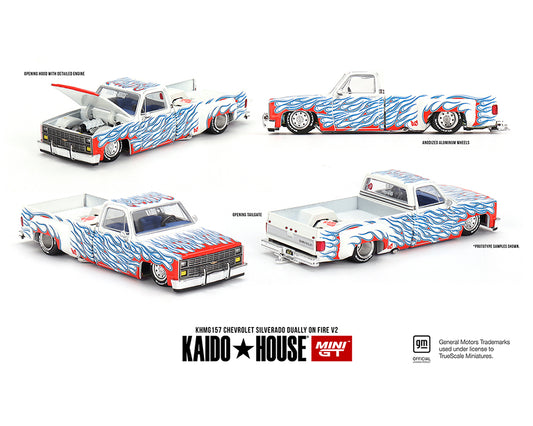 ***Preorder*** Kaido House x Mini GT 1:64 Chevrolet Silverado Dually on Fire V2 – White Flames