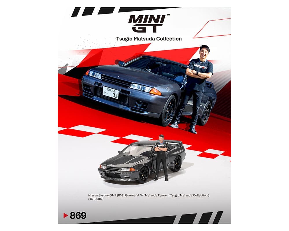 ***Preorder *** Mini GT 1:64 Nissan Skyline GT-R (R32) Nismo Gunmetal W/ Matsuda Figure – Tsugio Matsuda Collection